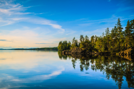 A lake with trees and sky reflected in the water.